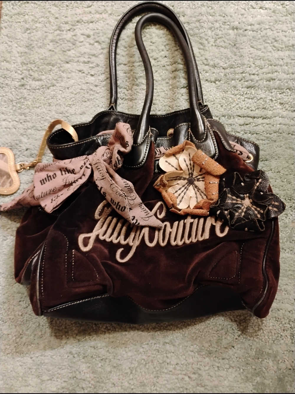 Rare Vintage Juicy Couture Brown Velvet Shoulder Bag with Floral Accents